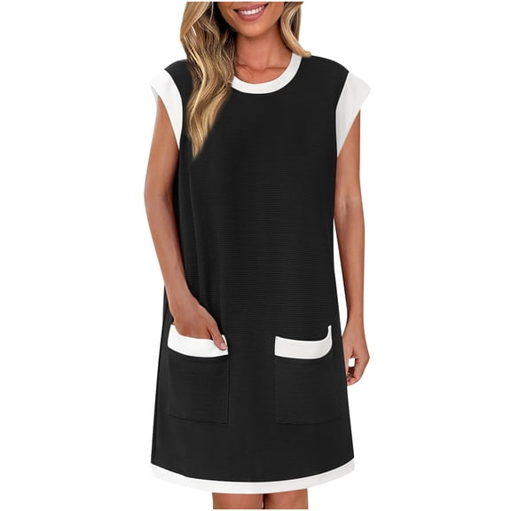 Blczomt Mini Summer Dresses for Women Short Dress Ribbed Colorblock Black Cap Sleeve with Pockets Dresses