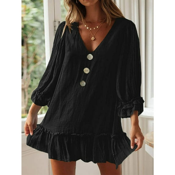 Blczomt Mini Womens Dresses Long Sleeve Casual Plain Black A Line V Neck Flowy Button Dresses