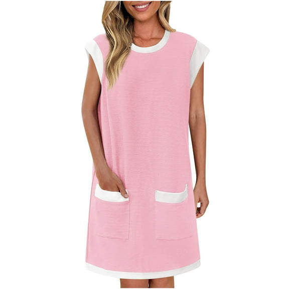 Blczomt Mini Womens Dresses Short Summer Dress Colorblock Cap Sleeve with Pockets Pink Ribbed Women Clothing