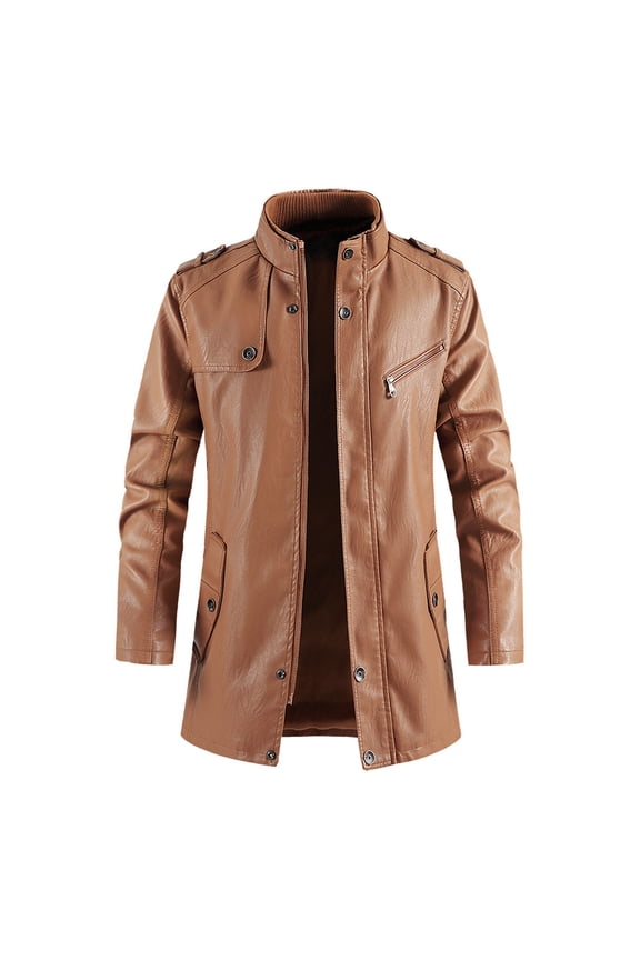 Motorcycle Mens Winter Jackets Brown Zip Up Leather Jacket Casual Stylish Mens Big and Tall Winter Coats L