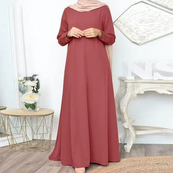 Blczomt Muslim Women Dresses Red Loose Plain Long Sleeve A Line Maxi Basic Crewneck Dress