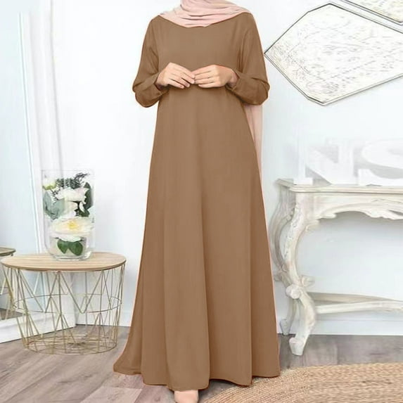 Blczomt Orange Holiday Dresses for Women 2025 Long Sleeve Loose Plain Muslim A Line Crewneck Maxi Basic Dress