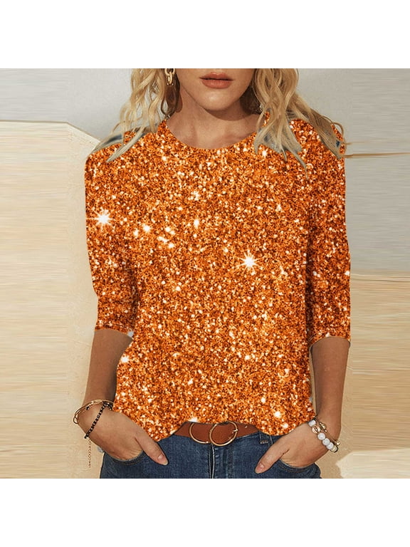 Orange Shirts for Women Plain 3/4 Sleeve Shirts Sequin Casual Glitter Crew Neck Peasant Blouses for Women
