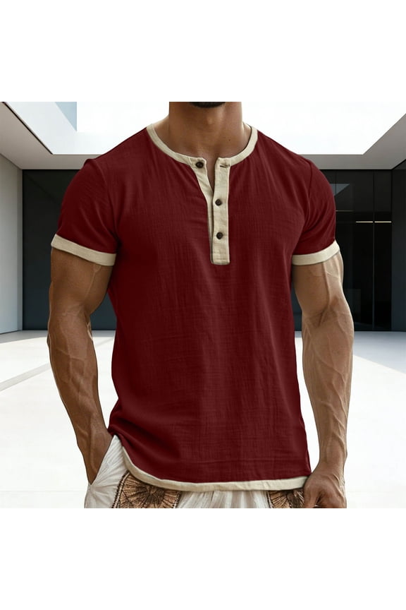 Oversized Men Shirt Henley Big & Tall Red Tshirts Summer Short Sleeve Plain Mens T-Shirts