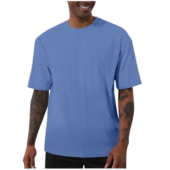 Blczomt Oversized Mens Big and Tall Shirts Blue Summer Plain Shirt Crew Neck Short Sleeve Tshirts for Men