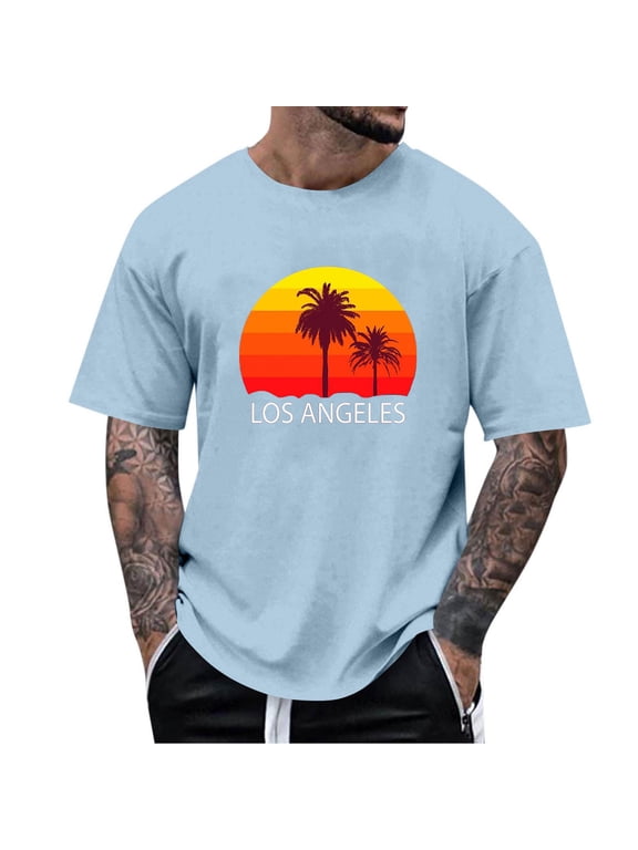 Oversized Mens Shirts Casual Soft Vintage Blue Tshirt Los Angeles California Short Sleeve Summer Men's Fashion
