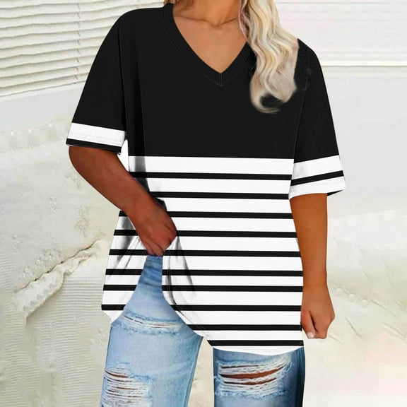 Blczomt Oversized Summer Tops for Women 2025 Color Block Striped Shirts Black Loose Crew Neck Plus Size Womens T Shirts