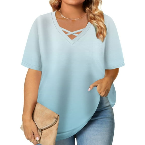 Blczomt Oversized Womens Tops under $10 V Neck Summer Tees Blue Plus Size Gradient Short Sleeve Womens T Shirts