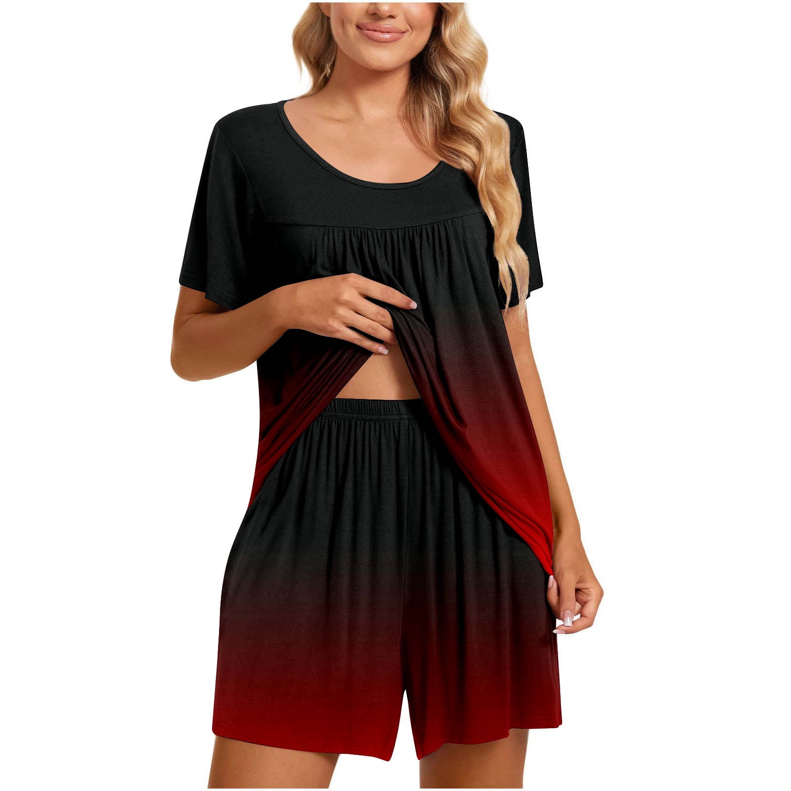 Blczomt Pajamas for Girls 1012 Red Gradient Color Silk TwoPiece Set