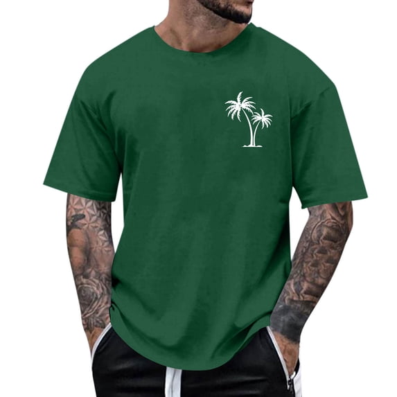 Blczomt Palm Tree Printed Shirts Men Casual Summer Beach Graphic Tees Green Crew Neck Short Sleeve Loose Men's Fashion