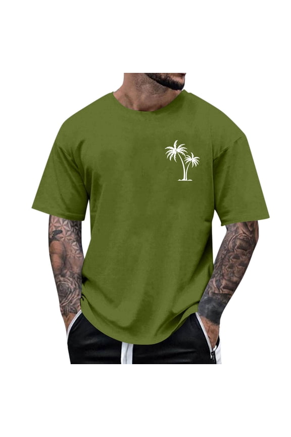 Palm Tree Printed White T Shirts for Men Casual Summer Beach Graphic Tees Crew Neck Loose Green Short Sleeve Tees