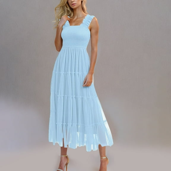 Blczomt Party Dresses for Women Plus Size Formal Summer A Line Mesh Square Neck Tiered Blue Dress Women