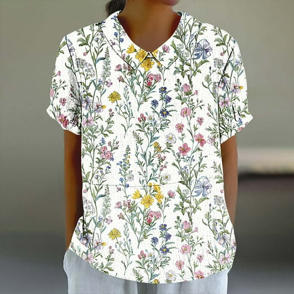 Blczomt Peasant Tops for Women Floral Summer Shirt Loose Casual Short Sleeve Spring Blouses for Women 2025