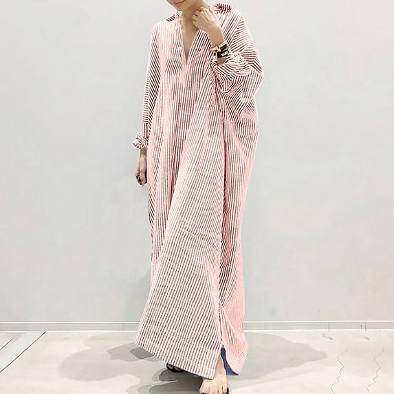 Blczomt Pink Womens Holiday Dresses 2025 Striped Casual Loose Long Sleeve Dress V Neck Cotton Linen Fall Dresses