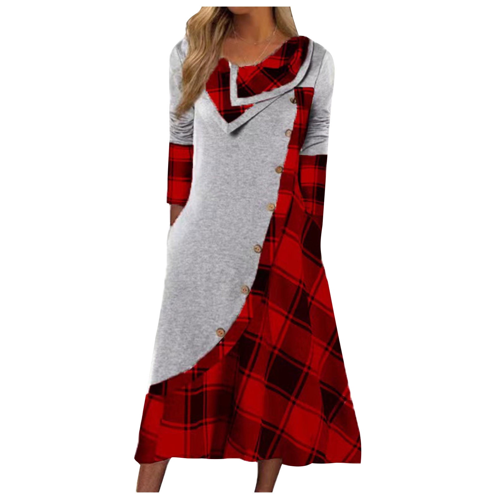Plaid Dress Women Casual Red Plaid Long Sleeve Waisted Party Dress