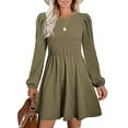 thumbnail image 1 of Blczomt Plain Dresses Women Long Sleeve Green Loose Midi A Line Flowy Crew Neck Trendy Dresses, 1 of 6
