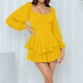 thumbnail image 1 of Blczomt Plain Dresses Women Yellow Puff Sleeve Mini Flowy Dress Double Layer Square Neck Ruffle Dresses, 1 of 7