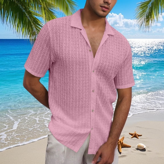 Blczomt Plain Hawaiian Shirt for Men Button Down Summer Beach Shirt Pink Collared Solid Casual Mens Clothes