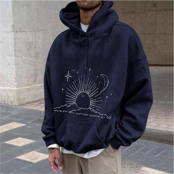 Blczomt Plain Men Hoodie Pullover Hoodies Long Sleeve Casual Blue Fall Winter Mens Clothes