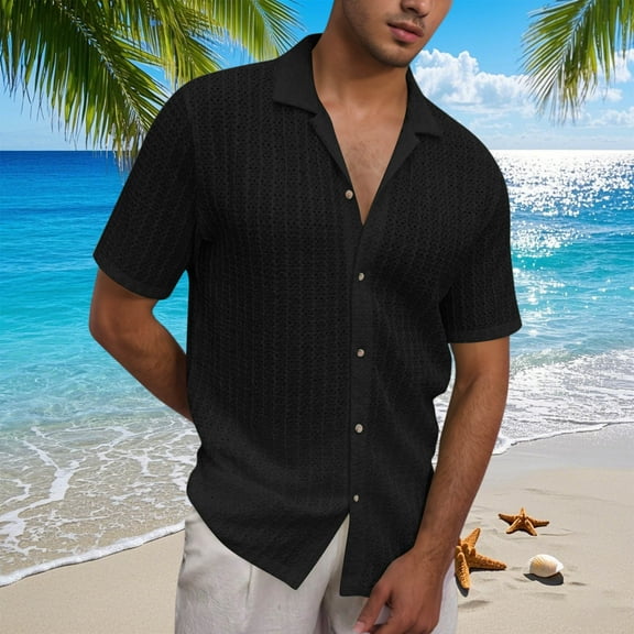 Blczomt Plain Men Shirts Summer Beach Button Down Shirt Collared Casual Black Solid Shirts Men