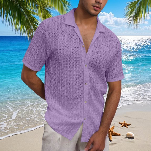Blczomt Plain Mens Big and Tall Button Down Shirt Summer Beach Shirt Purple Solid Collared Casual Clothes