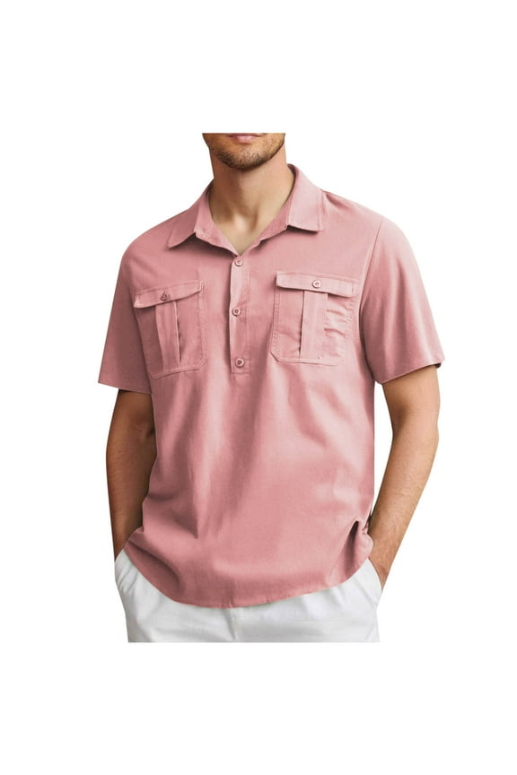 Plain Mens Shirts Short Sleeve Shirt Pink Button with Pockets Casual Collared Men's Fashion