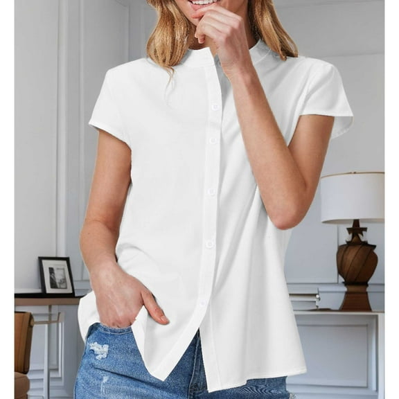 Blczomt Plain Tops for Women Trendy Summer Button Down Casual Shirt Short Sleeve Work White Women's Blouse