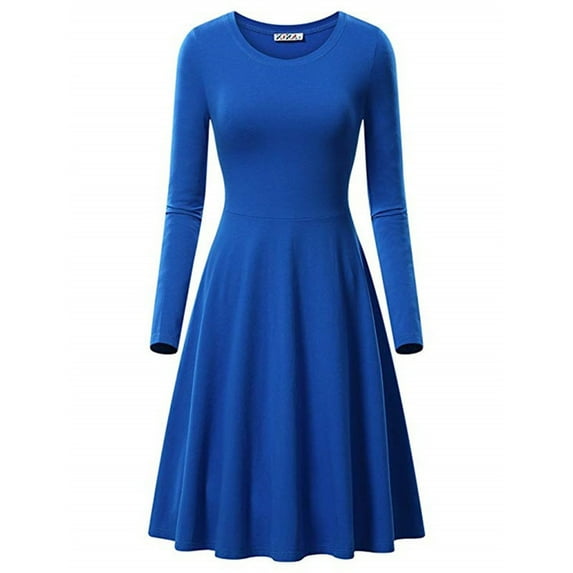 Blczomt Plain Women Dress Blue Dressy Casual Long Sleeve Midi A Line Formal Elegant Crew Neck Dresses