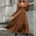 thumbnail image 1 of Blczomt Plain Women Dress Long Sleeve Wrap Flowy Brown A Line V Neck Maxi Elegant Dress, 1 of 6