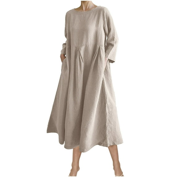 Blczomt Plain Women Dresses 3/4 Sleeve Beige Midi Flowy Dress Loose Plus Size Crew Neck Dresses
