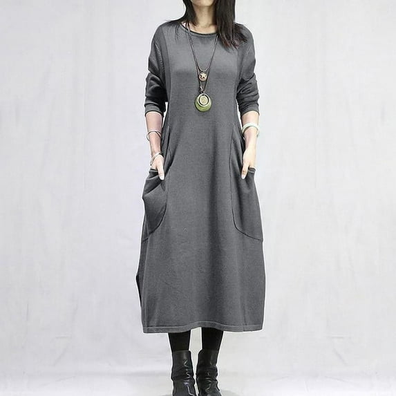 Blczomt Plain Women's Dresses Long Sleeve Casual Gray Plus Size Dress Crewneck Trendy Pockets Dresses