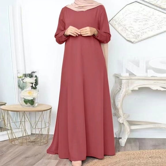 Blczomt Plain Womens Dresses Long Sleeve Muslim Red Loose A Line Crewneck Basic Maxi Dresses