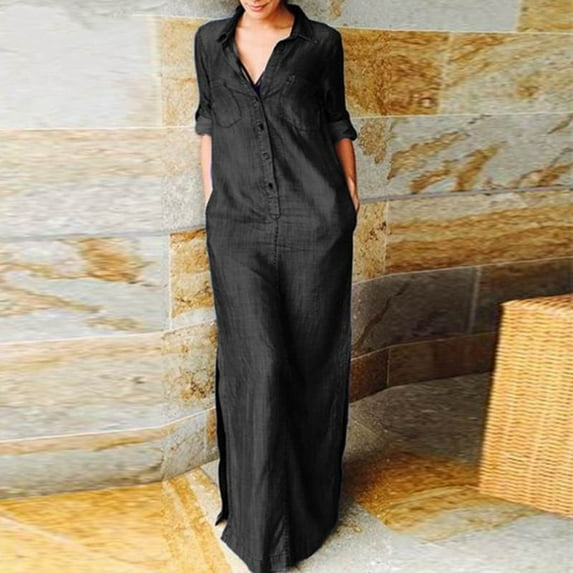 Blczomt Plain Womens Holiday Dress Black Elbow Sleeve Maxi Formal Dresses Denim V Neck Casual Dresses