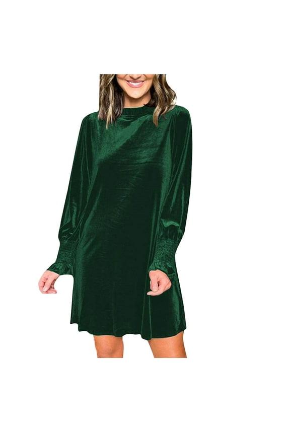 Plain Womens Holiday Dress Mini Velvet Green Long Sleeve Dress Crew Neck Casual Dresses