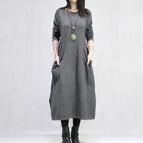 Blczomt Plain Womens Holiday Dresses 2025 Long Sleeve Plus Size Casual Gray Dress Trendy Crewneck Pockets Dress