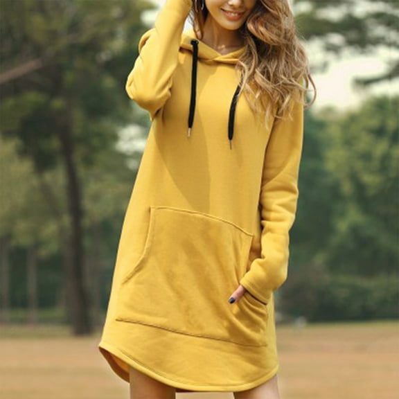 Blczomt Plain Womens Holiday Dresses 2025 Long Sleeve Yellow Hooded Casual Shirt Dress Pockets Crew Neck Mini Dress