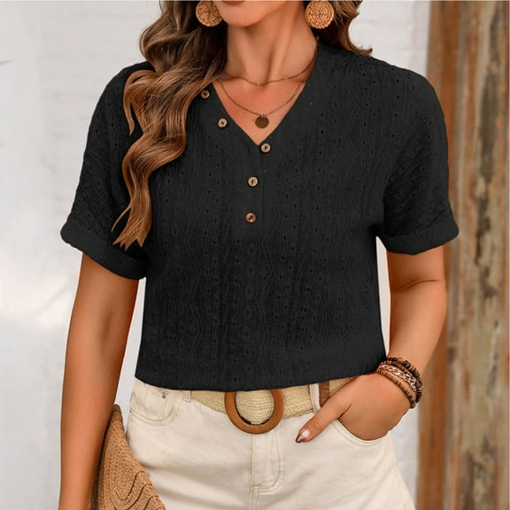 Blczomt Plain Womens Tops Casual Dressy Work Shirts 2025 Button Black Formal T Shirts for Women