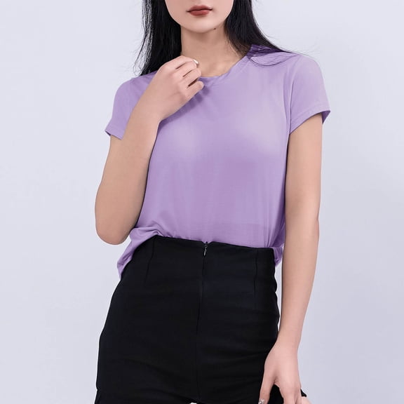 Blczomt Plain Womens Tops Plus Size Summer Basic Tee Shirt Casual Short Sleeve Purple Crew Neck Blouses Women