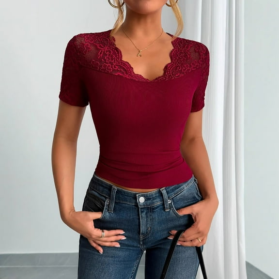 Blczomt Plus Size Tops for Women Lace Trendy Sexy Shirt Slim Fit Red Short Sleeve 2025 Womens Spring Blouses