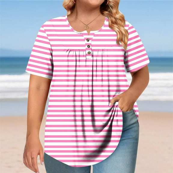 Blczomt Plus Size Tops for Women Striped Oversized Shirt Round Neck Casual Pink Button Short Sleeve Womens T Shirts