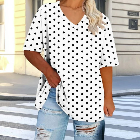 Blczomt Plus Size Women's Tops Short Sleeve Loose Fit Tee V Neck Polka Dot White Womens Blouses Dressy Casual