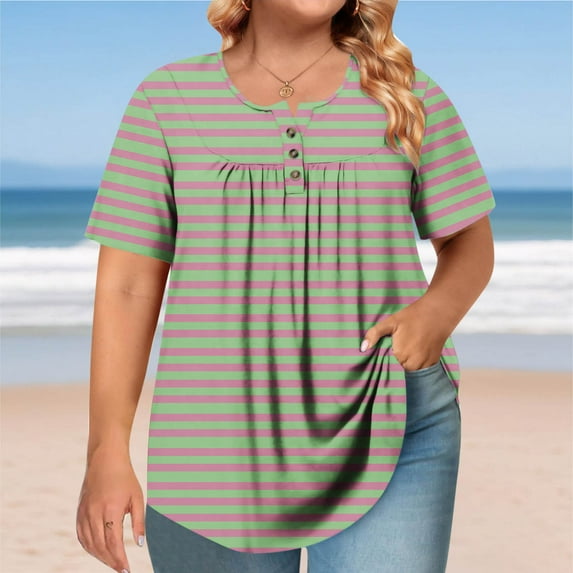 Blczomt Plus Size Womens Casual Tops Oversized Striped Shirt Button Round Neck Green Short Sleeve Plus Size Blouses for Women