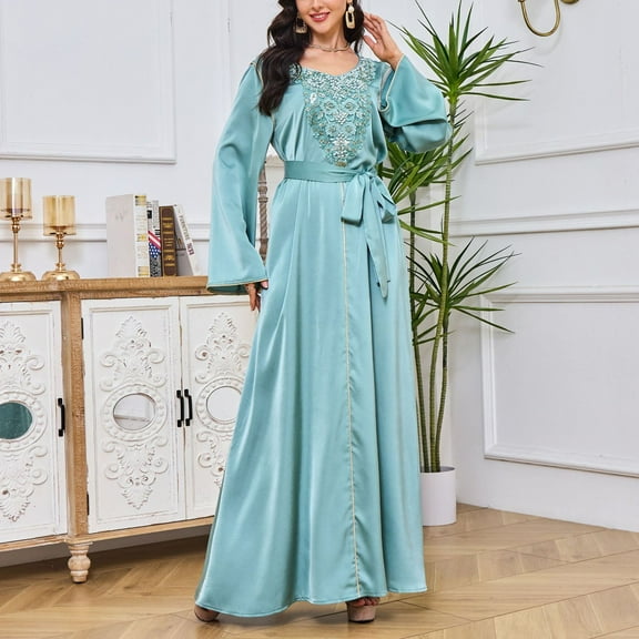 Blczomt Plus Size Womens Dress Muslim Long Sleeve Blue Dress Casual Crewneck Loose Solid Color Dresses