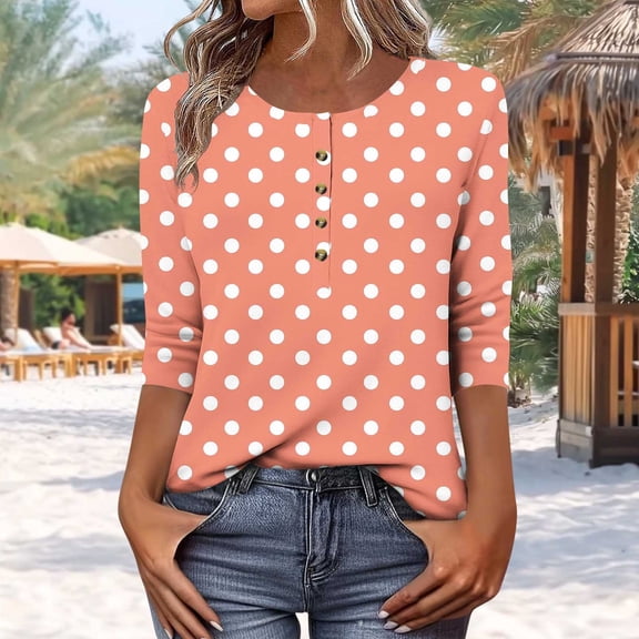 Blczomt Polka Dot Tops for Women Trendy Summer 3/4 Sleeve Dressy Casual Blouse Formal Orange Spring Ladies Tops