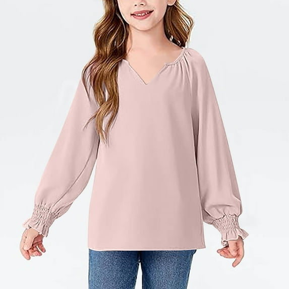 Blczomt Puff Sleeve Girls Shirt Fashion Plain Tees Basic Loose Pink Casual Clothes for Girls