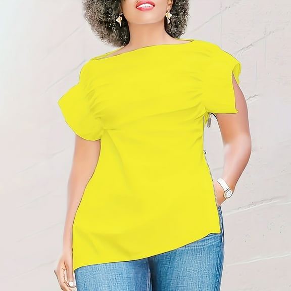 Blczomt Puff Sleeve Womens T-Shirt Dressy Casual Summer Yellow T Shirt Trendy Plain Soft Ladies Blouses