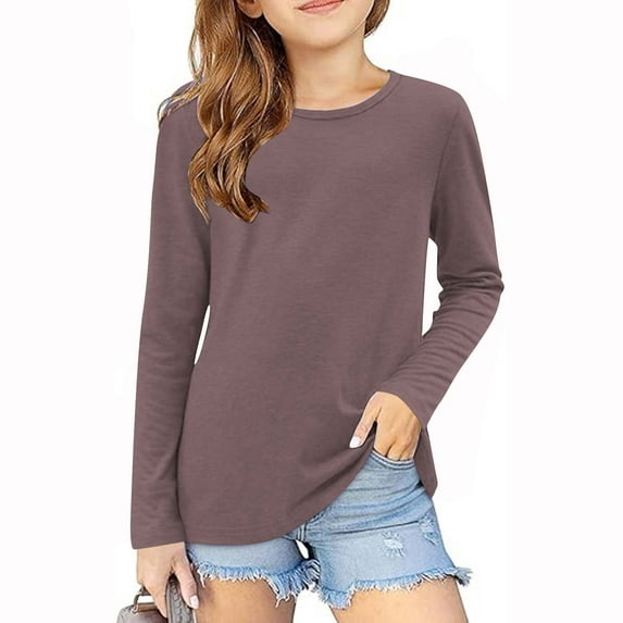Blczomt Pullover Girls' Tees Basic Long Sleeve T-Shirt Loose Casual Purple Soft Solid Color Children's Clothes