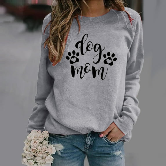 Blczomt Pullover Sweatshirt Women Crewneck Fall Fashion Gray Preppy Sweatshirt Dog Mom Graphic Long Sleeve Clothes Woman
