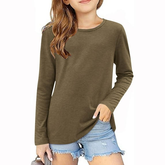 Blczomt Pullover T Shirts for Girls Long Sleeve Basic T-Shirt Solid Color Soft Casual Loose Brown Girls' Tees