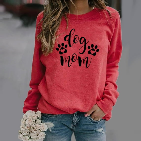 Blczomt Pullover Women's Sweatshirts Preppy Crewneck Fall Fashion Red Sweatshirt Long Sleeve Dog Mom Graphic Womens Fall Tops
